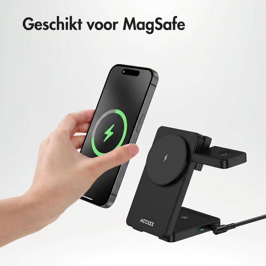 Accezz 3-in-1 Opvouwbare Draadloze MagSafe Oplader - 20W - Zwart